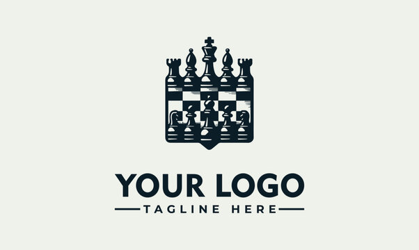 Chess crown emblem and board shield vector logo illustration