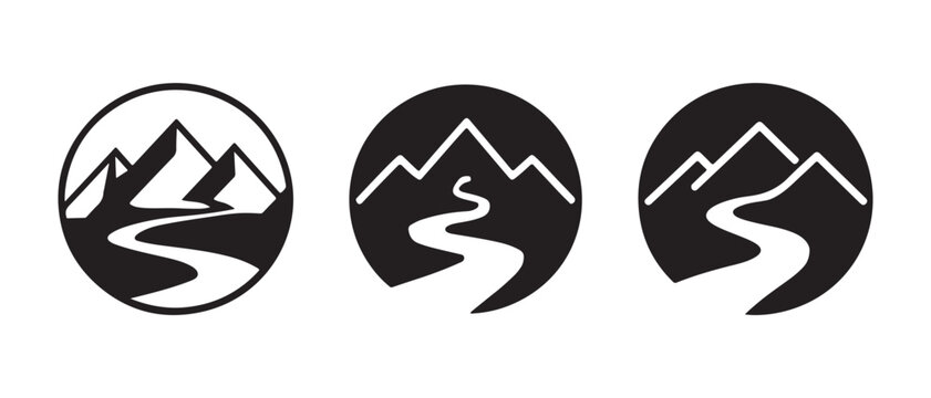 Set of three black and white mountain and river landscape icons in circular frames.