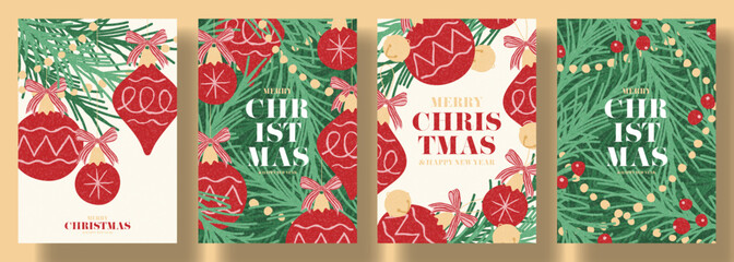 Fototapeta premium Creative Christmas and New Year posters. Christmas covers with bows, balls, fir-tree, bells and typography design. Contemporary minimalist New Year flyers for branding, cover, social media. Vector.
