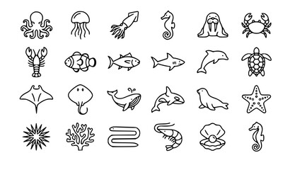 Marine Animals Outline Vector Icon Set with Ocean Creatures Sea Life Monoline Collection © MdSarowarHossain