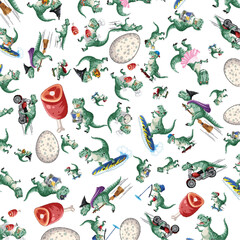 Seamless Pattern of Funny Cartoon Tyrannosaurus Rex Characters in Various Activities © GraphicsRF