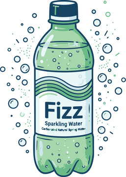 Fizz Sparkling Water Green Plastic Bottle Vector Illustration with Bubbles
