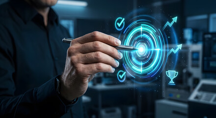 Fototapeta premium Business Strategy Target with Digital Holographic Interface and Stylus in Futuristic Technology Concept