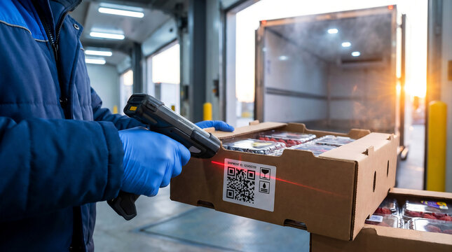 Worker Scanning QR Code on Produce Shipment Box Before Refrigerated Truck Loading for Cold Chain Logistics