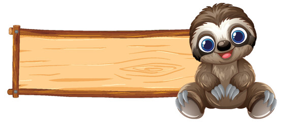Naklejka premium Cute Cartoon Sloth Sitting Next to Blank Wooden Sign Board