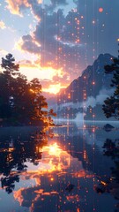 Fototapeta premium A serene lake scene at sunset with trees and misty mountains