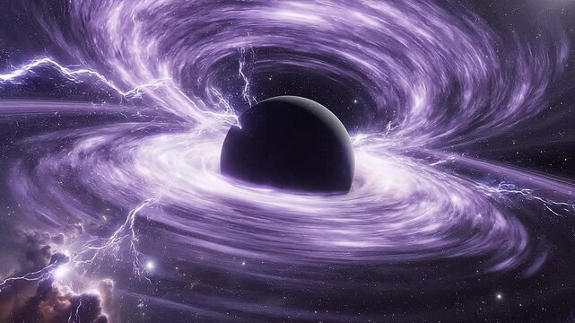 Cinematic ultrawide shot of a massive black hole in deep space with a glowing purple accretion disk and lightning storms.