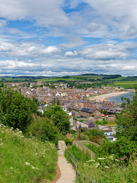 The steep concrete Path from the War memorial to Shorehead at the Harbour of the Coastal Town of Stonehaven.