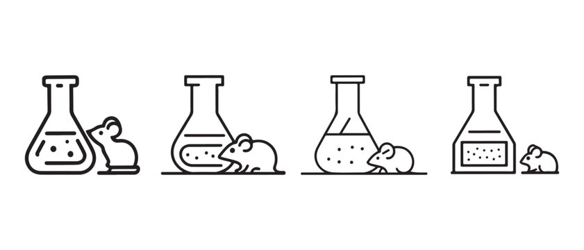 Laboratory testing with mice and chemical flasks in a minimalist line art vector illustration style.