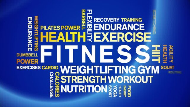 Fitness animated word cloud-text design animation tag kinetic typography seamless loop.
