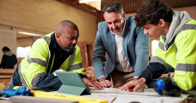 Architecture, team or manager in warehouse with blueprint, building plan or feedback on furniture project. Talking, men or contractor with paper, operation report or director evaluation in woodwork.