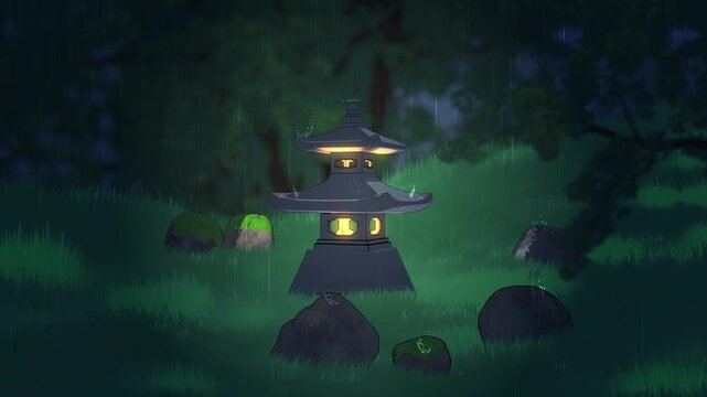 Japanese Lantern in the Rainy Garden
