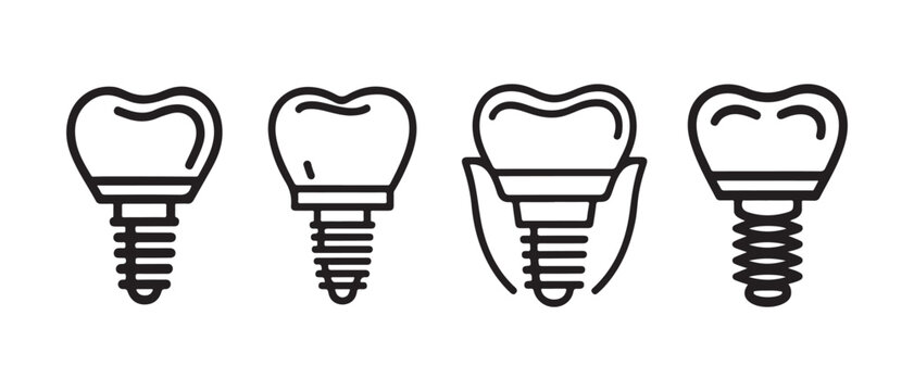 Dental implant procedure steps showing tooth restoration process in a clean minimalist line art style.