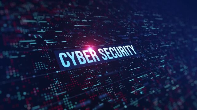 Cyber security text floats in digital space. Red and blue light pulses through abstract circuitry. Data streams swirl behind glowing letters. Futuristic scene suggests digital defense