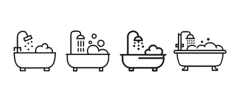Bathtub Shower Icon Set Featuring Bubble Bath Elements in Minimalist Line Art Style for Web Design.