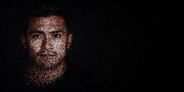 Digital ID Portrait of Latin American Man with Face made up of Computer code. Data sovereignty Concept with copy-space.