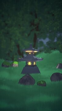 Japanese Lantern in the Rainy Garden