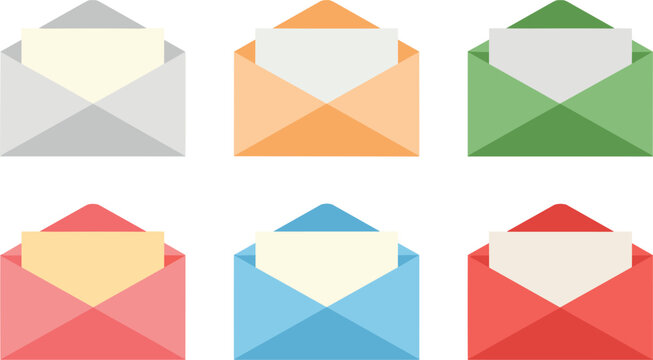 Six colorful open envelopes set with empty letter templates inside vector flat illustration isolated on white background for newsletter subscription business