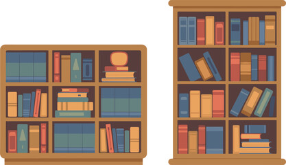 Wooden bookshelves set filled with colorful books vector flat illustration isolated on white background for library or home study interior design © Josna