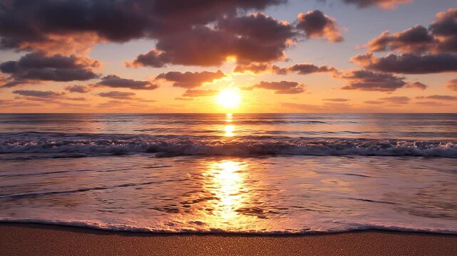 Cinematic wide angle shot of a beautiful ocean sunrise with gentle waves washing ashore on a golden sandy beach.