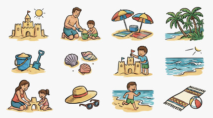 Colorful hand drawn illustrations of beach and ocean activities. © Syuli