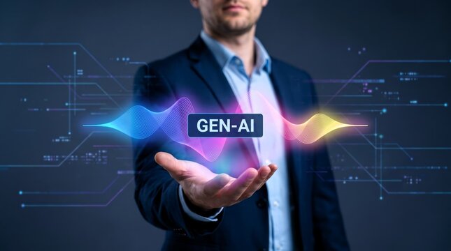 Professional businessman holding a glowing neon gen-ai interface with intricate digital waves in his hand