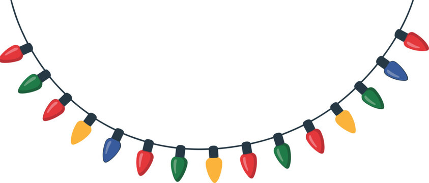 Colorful Christmas lights garland hanging on string vector flat illustration isolated on white background for holiday party border banner design