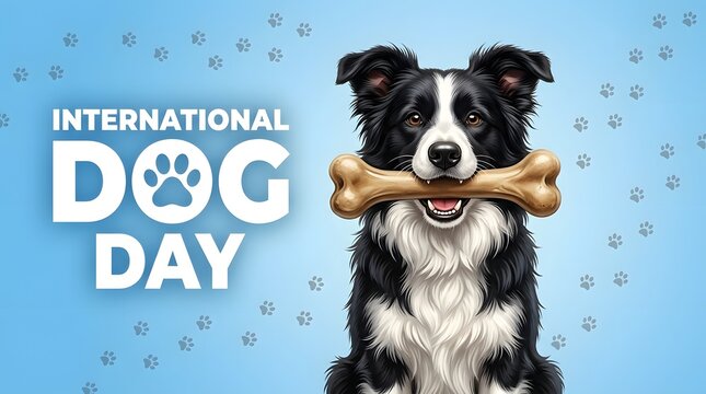 international dog day celebration design with an adorable border collie holding a bone in its mouth on a soft blue background