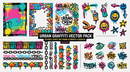 Obraz premium Urban graffiti vector pack with street art frame elements and doodles
