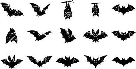 Fototapeta premium Black silhouette bat collection for halloween designs vector graphics and spooky themed projects