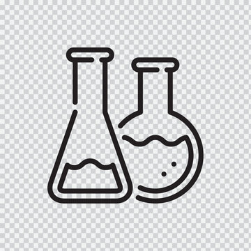 Two laboratory flasks with liquid contents depicted as a black line icon on a transparent background