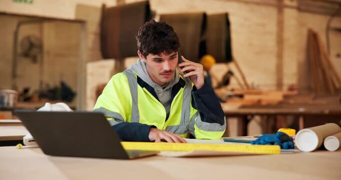 Carpentry, blueprint and man with phone call in workshop for custom project, clarify design or talk. Carpenter, floor plan and mobile chat in warehouse for cabinetry layout, feedback and shopfitting