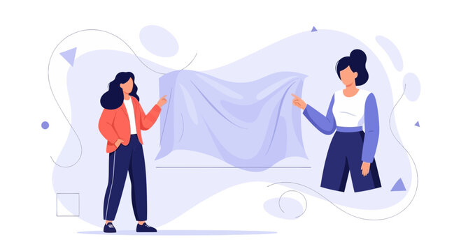 Two women unveiling a hidden object covered with a draped cloth, modern flat illustration style
