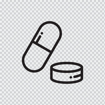 Capsule and tablet line icon with transparent background representing pharmaceutical medicine and healthcare concepts