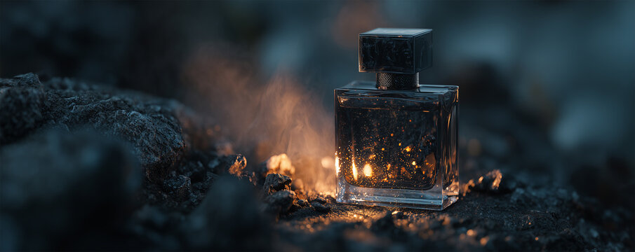Black perfume bottle with mist on dark volcanic stone in evening light