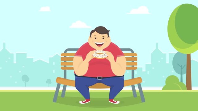 2D Animated Overweight Man Sitting on Park Bench Eating Hamburger, Fast Food Cheat Meal, Unhealthy Lifestyle Concept Flat Vector Design