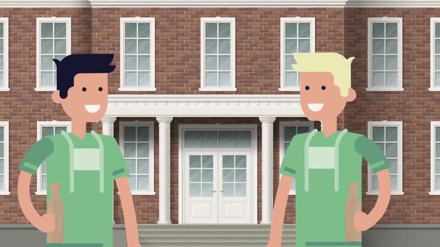 2D Animated Two Male Students Talking in Front of School University Building, Campus Life Classmates Discussion Flat Vector Illustration