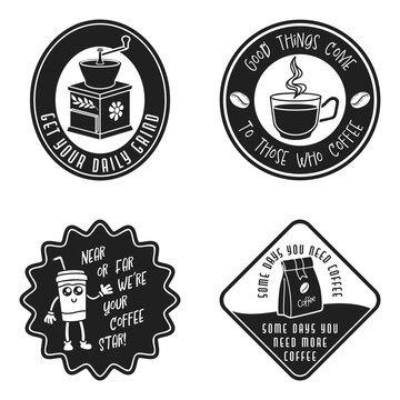 Four cartoon labels with slogans about coffee. Funny vector illustration in retro style. Hand-drawn Black labels on white background