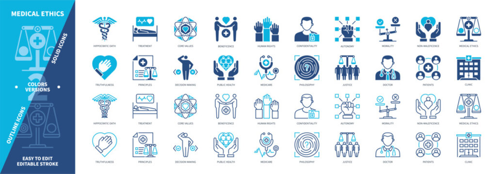 Medical Ethics icon set. Confidentiality, Clinic, Patients, Medicare, Autonomy, Beneficence, Doctor, Truthfulness. Duotone color solid and editable outline icons