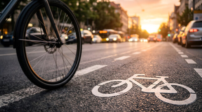 Close up of bicycle wheel on dedicated urban bike lane with blurred city traffic representing safe commuting and alternative transportation
