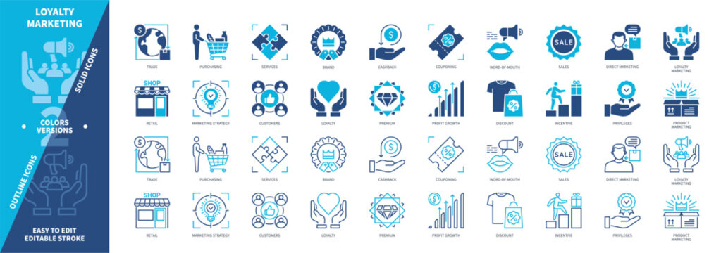 Loyalty Marketing icon set. Customers, Cashback, Brand, Retail, Premium, Business, Discount, Direct Marketing. Duotone color solid and editable outline icons