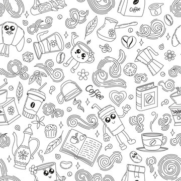 Coffee black and white pattern. Seamless Texture for Textile, Wallpapers, Backgrounds and Wrapping