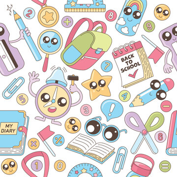 Hand drawn School seamless pattern. Design template school packaging. Colorful icons on white background