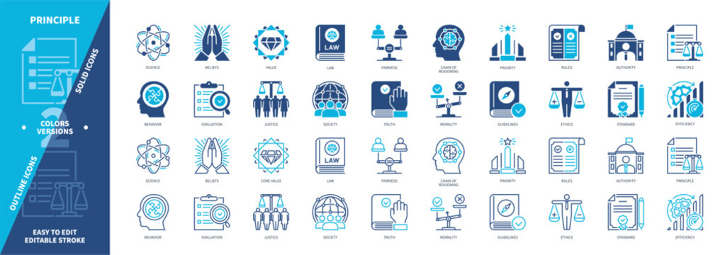 Principle icon set. Standard, Behavior, Fairness, Rules, Law, Morality, Authority, Evaluation. Duotone color solid and editable outline icons