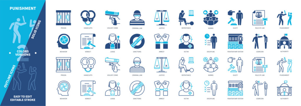Punishment icon set. Coercion, Retribution, Guilty, Prison, Norms, Penalty, Victim, Judge. Duotone color solid and editable outline icons