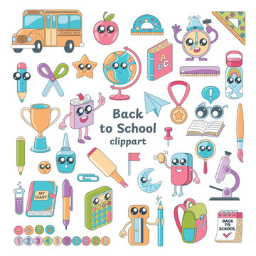 Hand Drawn School Retro Set with Cute Doodle Style. Children elementary education and learning. Colorful icons on white background