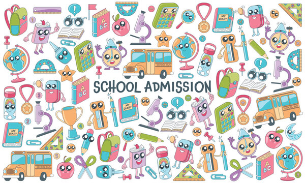 Hand drawn school admission doodle banner. Sketch illustration of croissant, donut, cake, books for cafe menu design. Design template on school theme. Colorful icons on white background
