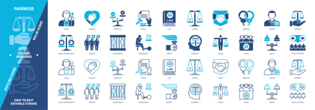 Fairness icon set. Judge, Equity, Punishment, Justice, Public Opinion, Liberty, Lawyer, Freedom. Duotone color solid and editable outline icons