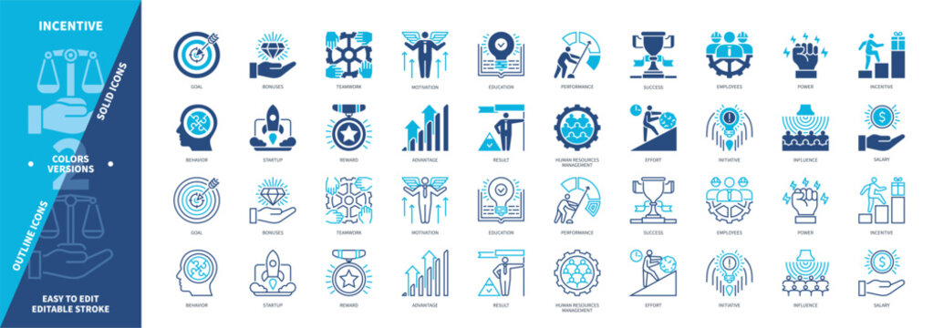 Incentive icon set. Motivation, Salary, Power, Performance, Reward, Goal, Result, Advantage. Duotone color solid and editable outline icons