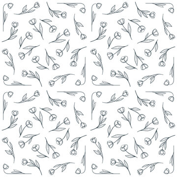 Seamless Floral Pattern. Tulips on the white background. Decorative Ornament. black and white Texture for Textile, Wallpapers, Backgrounds and Wrapping